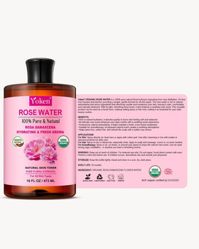 Yoken Eau de Rose Bio montrant le flacon et la texture de l'eau
