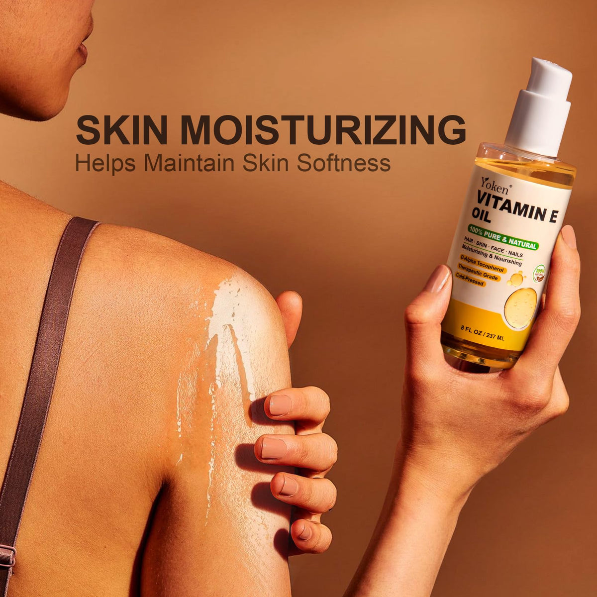 Yoken Huile de Vitamine E 240 ml sur une surface en bois