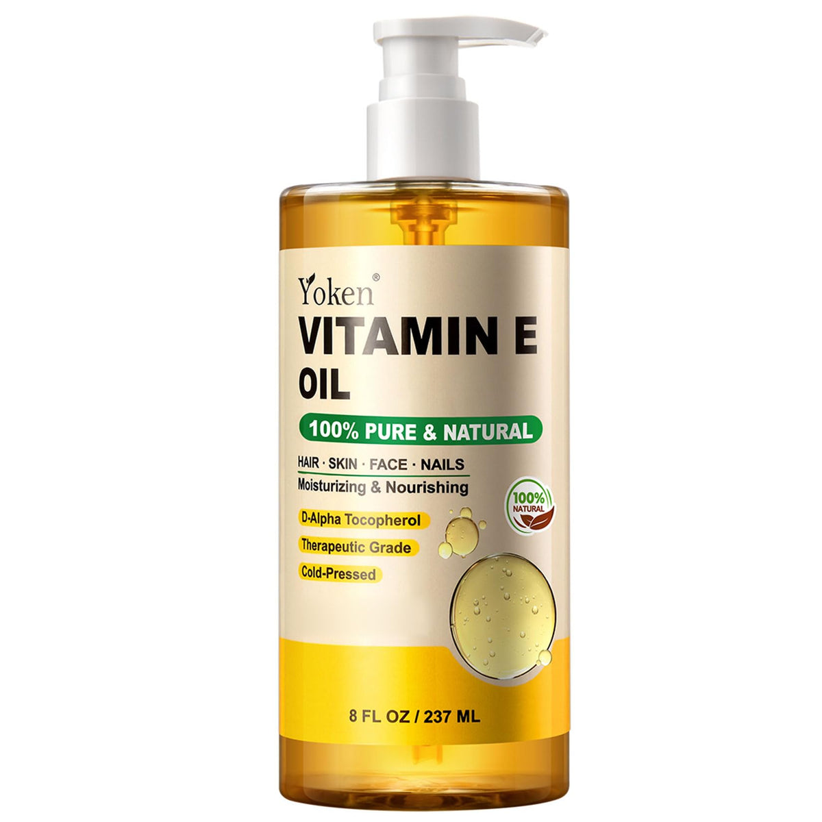 Yoken Huile de Vitamine E 240 ml vue avant avec pompe
