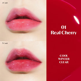 Zoom sur la teinte rouge éclatante de l'huile à lèvres ETUDE Dear Darling