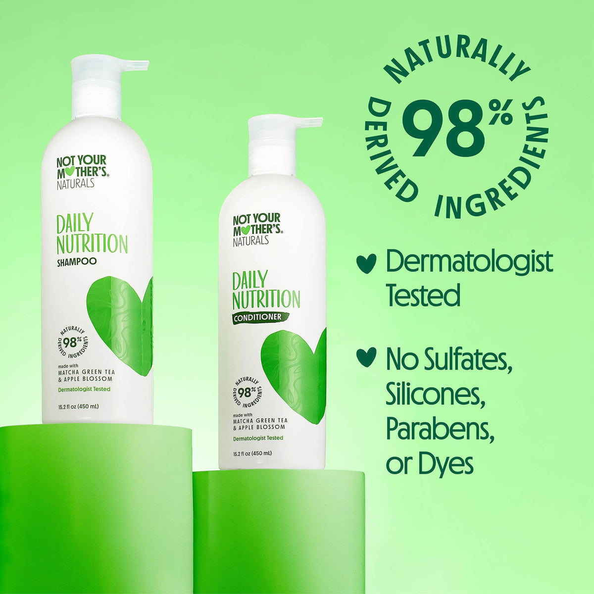 Zoom sur le shampooing Not Your Mother's avec une main l'appliquant sur des cheveux mouillés