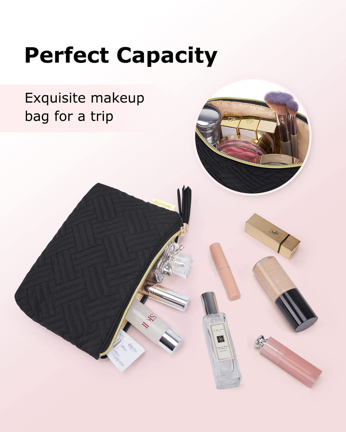 Zoom sur le zip et le pompon de la trousse de maquillage BAGSMART