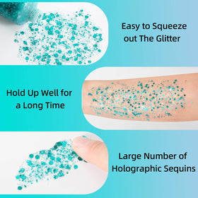 Zoom sur les paillettes holographiques en forme d'étoiles et d'hexagones