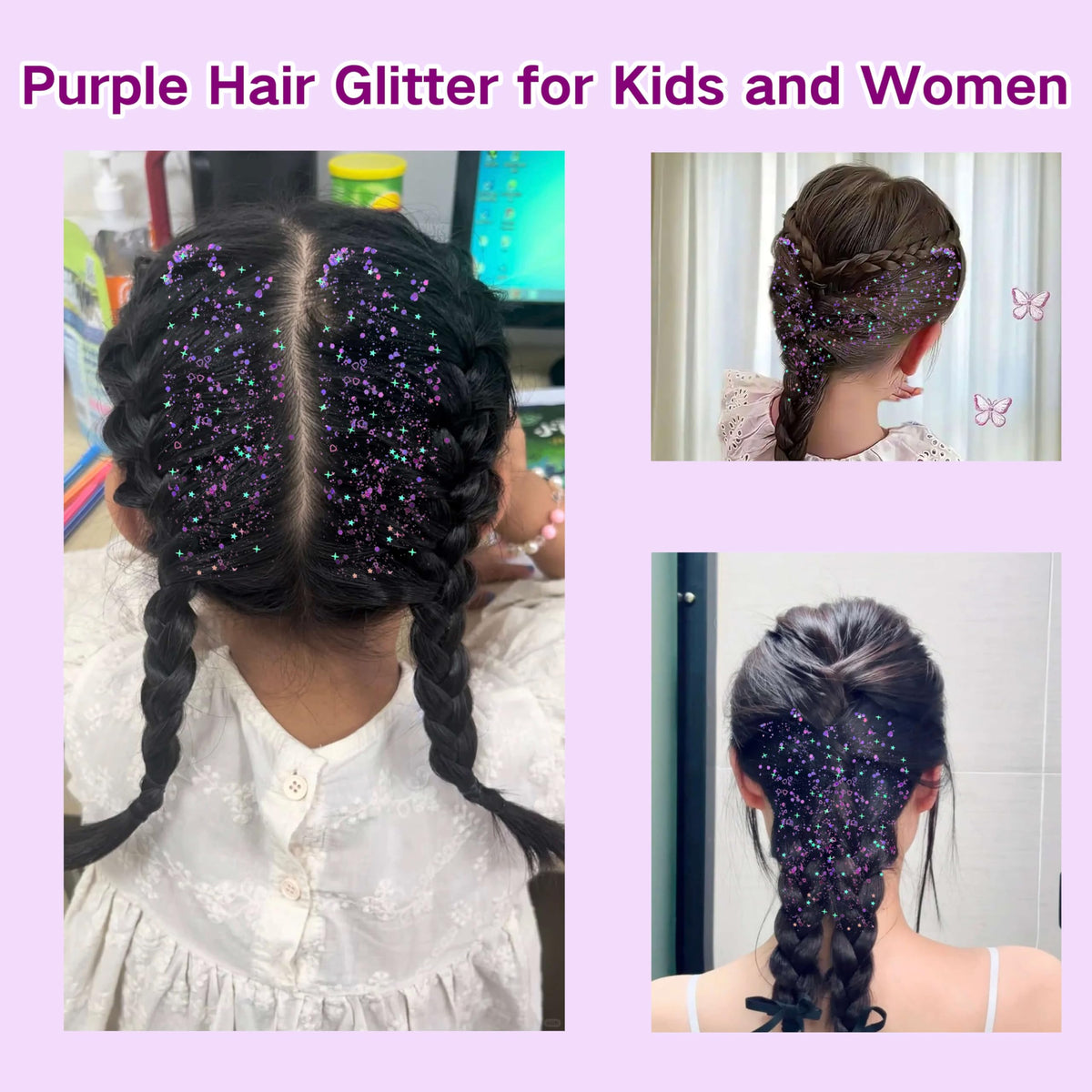 Zoom sur les paillettes violettes avec étoiles et cœurs