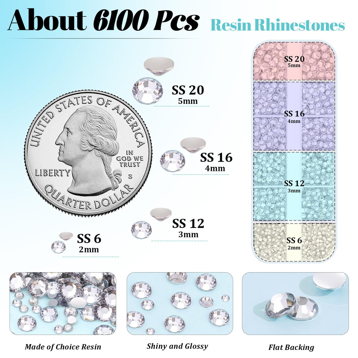 Zoom sur les rhinestones en résine de différentes tailles