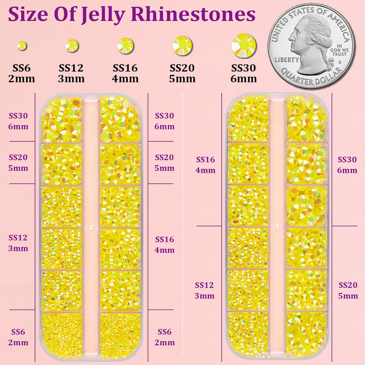 Zoom sur les rhinestones en résine jelly de différentes tailles