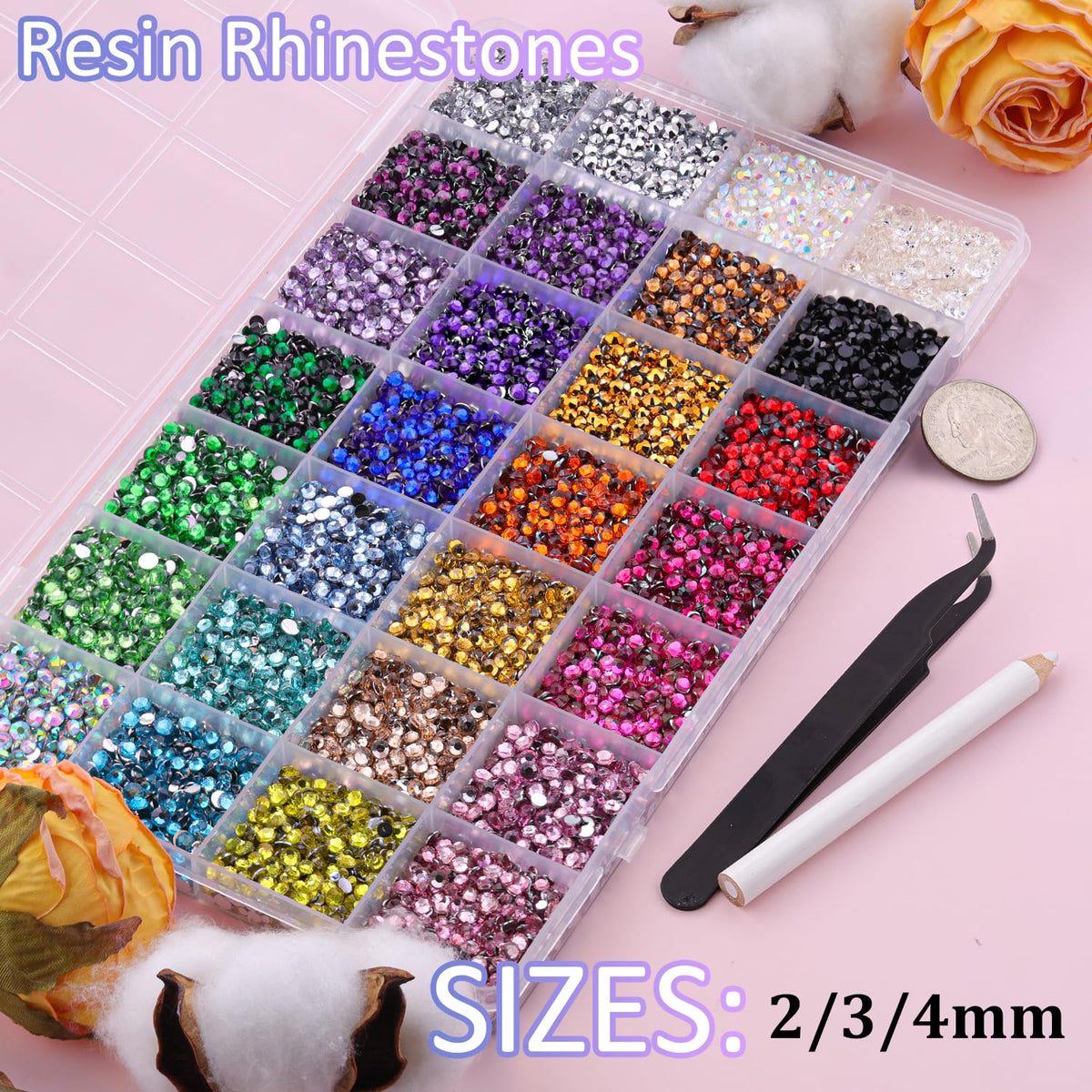 Zoom sur les strass en résine de 2 mm, 3 mm et 4 mm