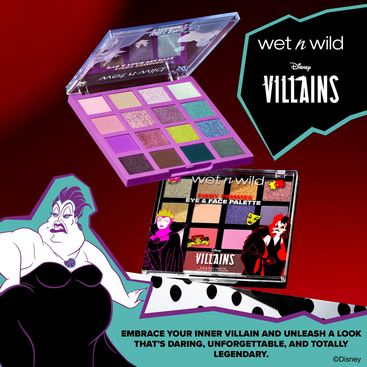Zoom sur les teintes brillantes et mates de la palette Disney Villains