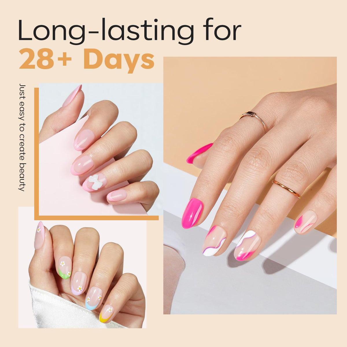 Zoom sur les tips d'ongles ovales courts en gel modelones de différentes tailles